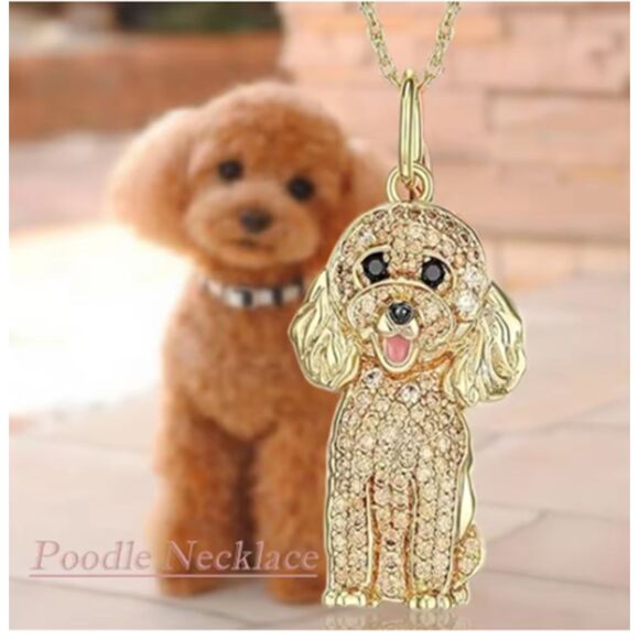 Adorable Gold Rhinestones Poodle Dog Necklace - Picture 2 of 7